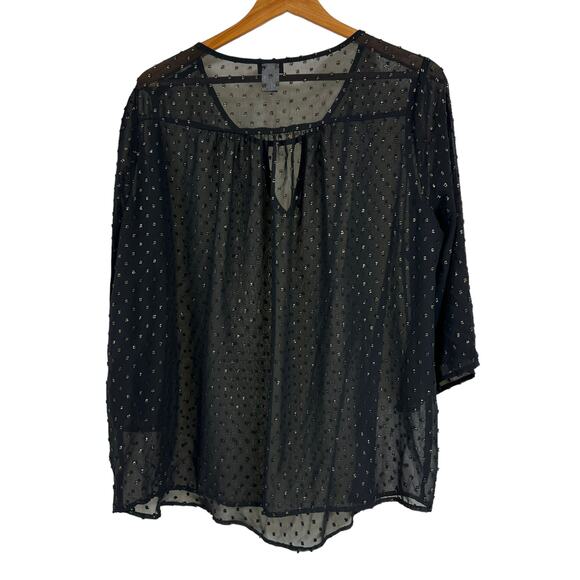 Torrid Black & Gold Foil Textured Dot Chiffon Bell Sleeve Sheer Top Size 0X - Picture 6 of 10